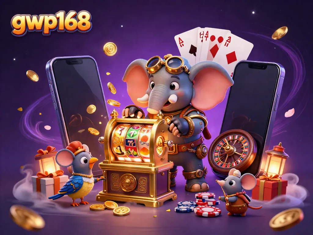 Gambarkan pengalaman menarik bermain slot di gwp168 dengan elemen mesin slot dan berbagai simbol menang.
