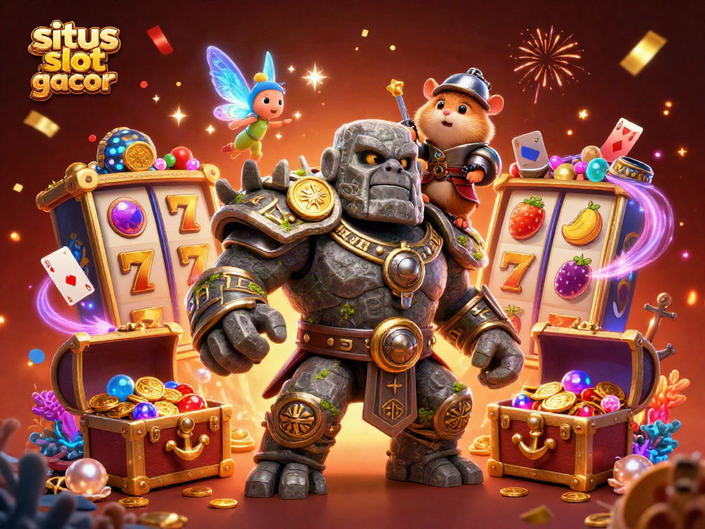 situs slot gacor showcases a magical 3D casino scene with golem, fairy, and hamster celebrating big wins