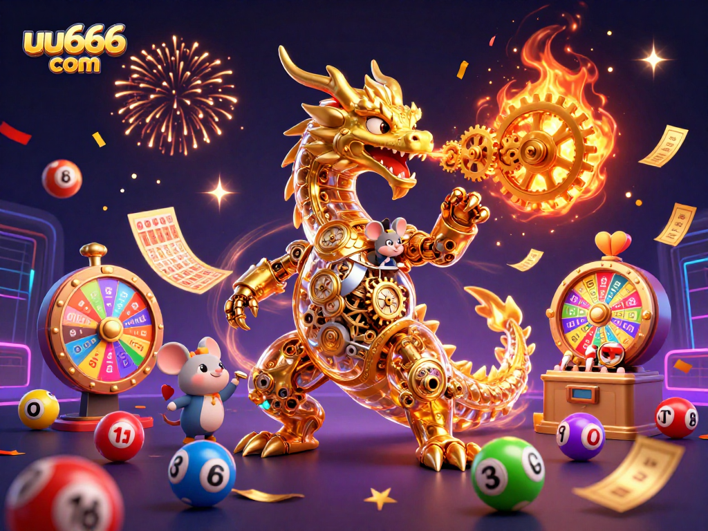 Engage with excitement at uu666 com with a whimsical 3D casino scene featuring a golden dragon and lottery elements.
