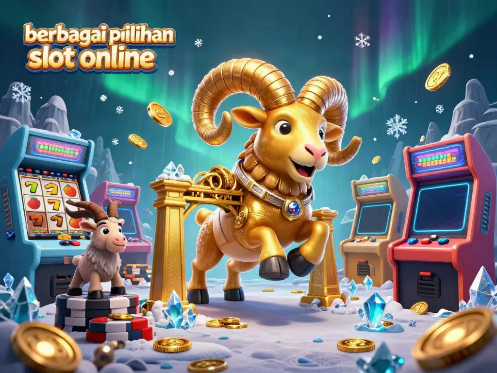 Berbagai pilihan slot online dalam ilustrasi 3D menarik dengan koin emas dan simbol slot.