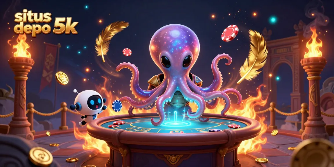 Experience the energetic gameplay at situs depo 5k with an alien octopus operating a holographic poker table.