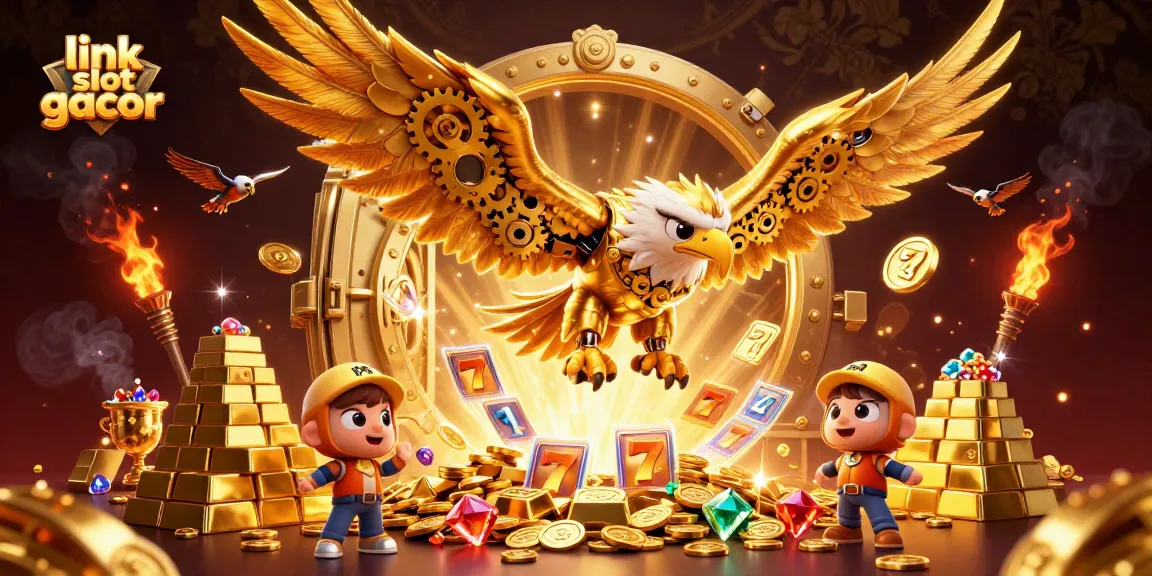 Win at link slot gacor with a cybernetic eagle diving among holographic slot reels and treasures.