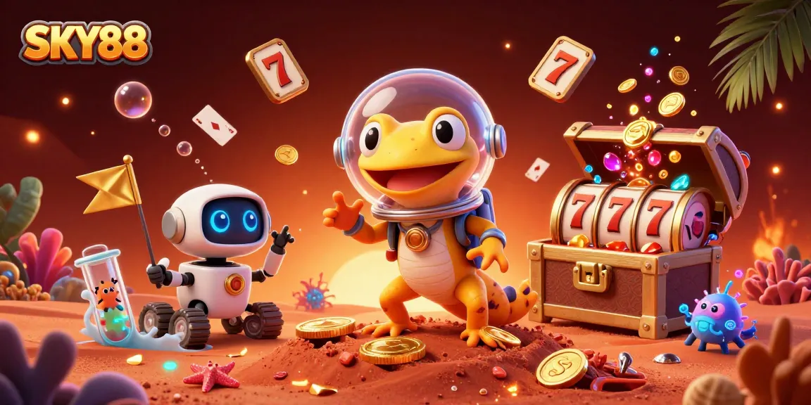 SKY88 reveals a vibrant casino discovery by a Martian gecko amidst dynamic slot game elements.
