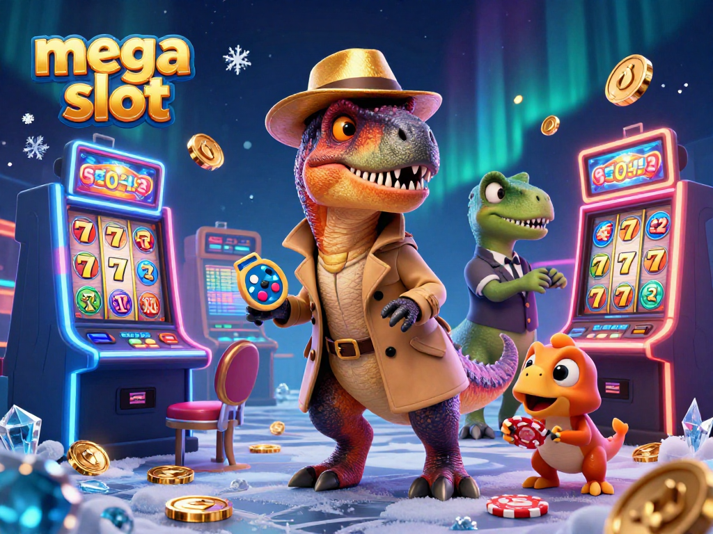 Spin the mega slot for chances to win big with a quirky velociraptor and friends in a dynamic scene.