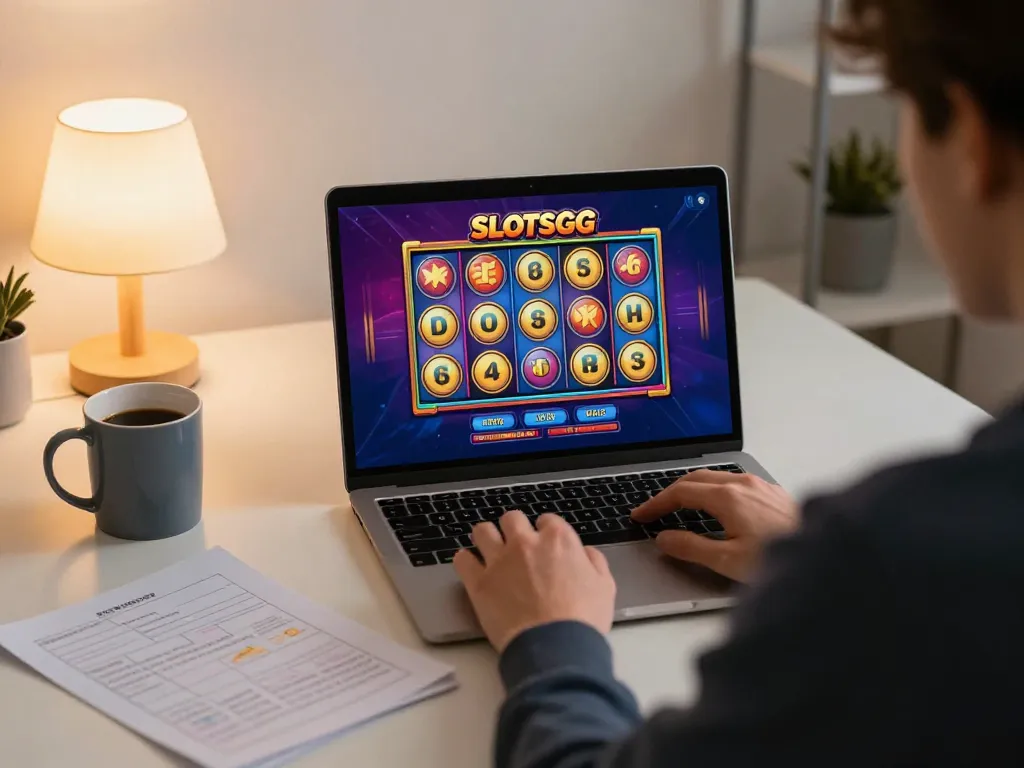 Player enjoys engaging SlotsGG experience on laptop in cozy home environment