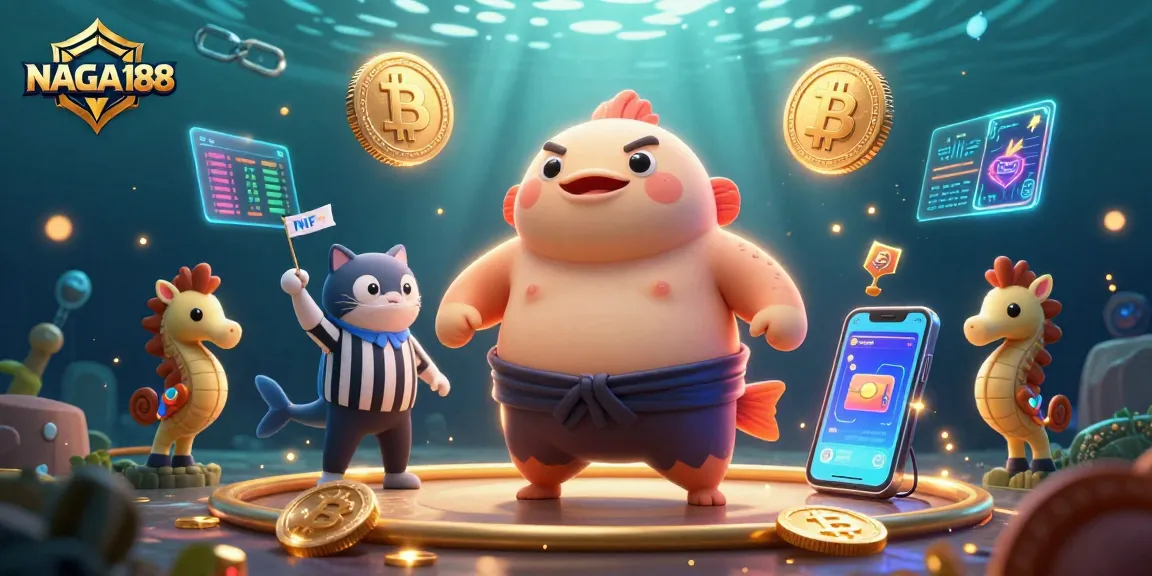 NAGA188 menyajikan ilustrasi 3D dengan ikan fugu raksasa di ring bawah laut, menciptakan suasana kasino yang menarik.