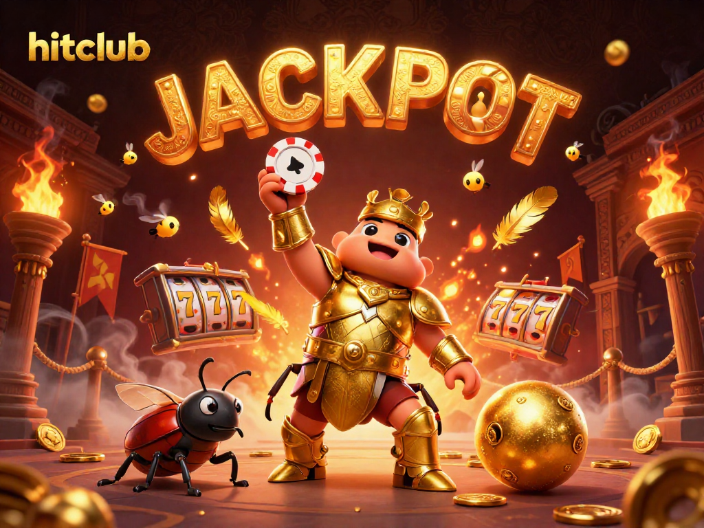The hitclub scene showcases a hercules beetle in golden armor celebrating a big win at slots, surrounded by vibrant casino elements.