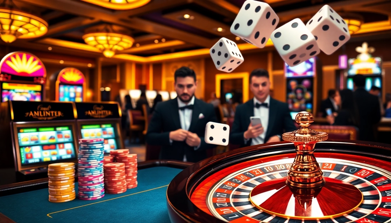 Experience excitement at https://dn882.pro/ with a vibrant casino scene featuring poker chips, a roulette wheel, and lively slots.