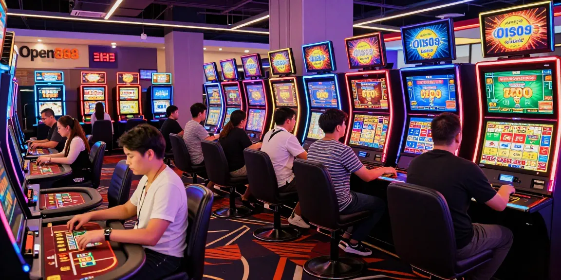 Engaged players exploring Open888's vibrant online casino gaming environment with neon lights.