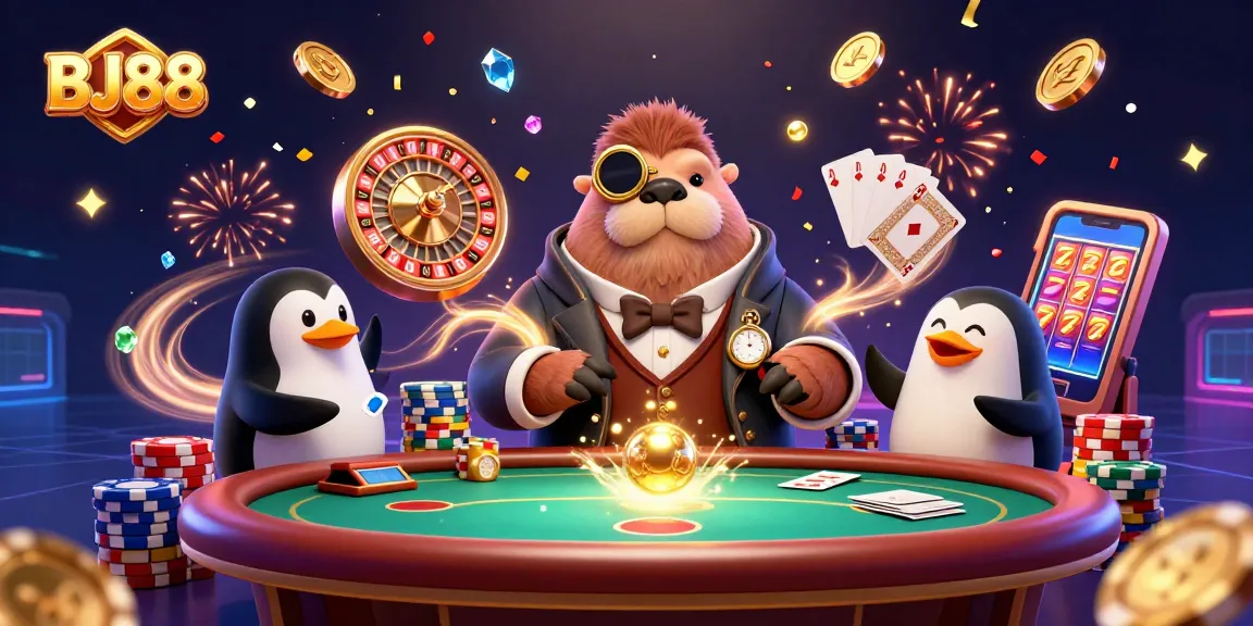 Experience thrilling gameplay at BJ88 while a walrus plays cards underwater with a penguin dealer and a pufferfish.