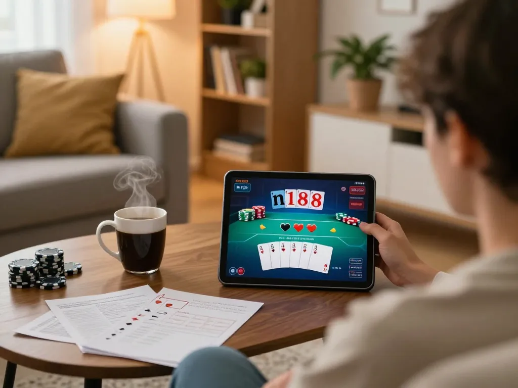 Engaging in the n188 game online while strategizing with notes in a cozy home setup