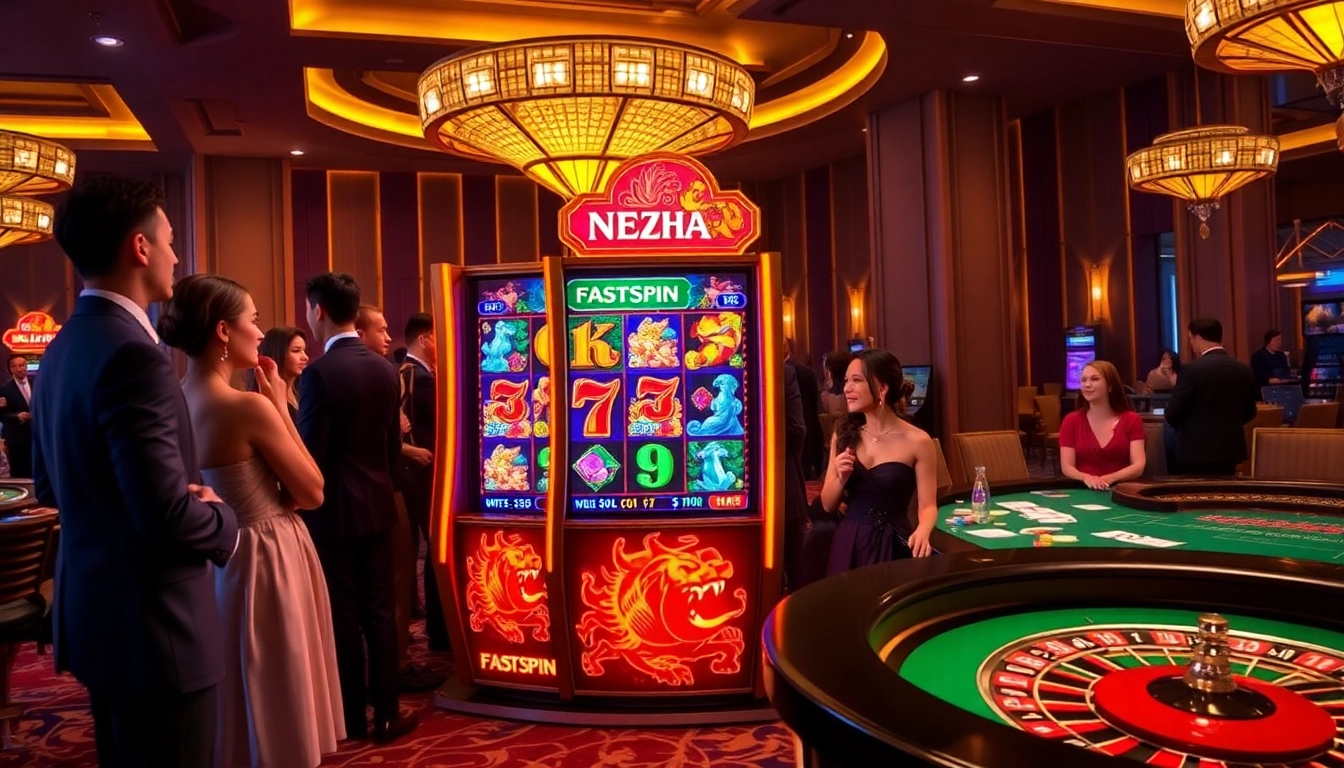 Players engaging with the FastSpin Nezha slot machine at a luxurious casino filled with excitement.