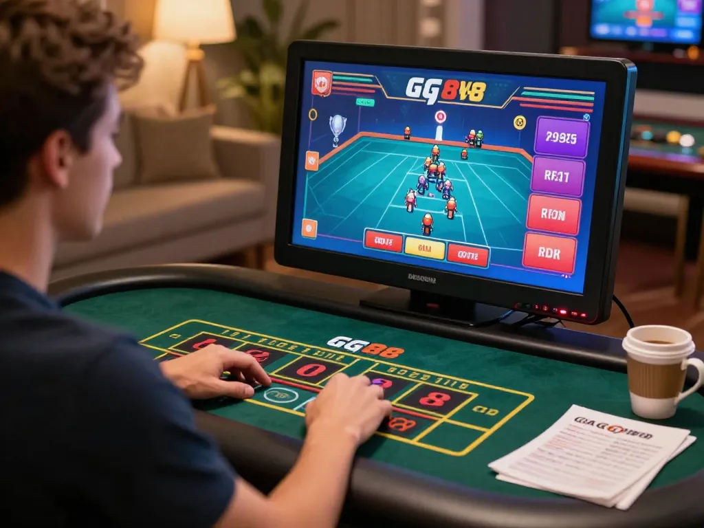 Player immersed in gg88 live casino gaming, focused on live dealer action on tablet, strategic atmosphere.