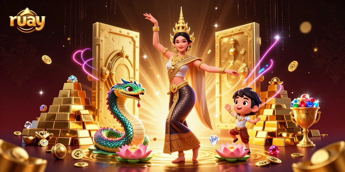 เล่นและชนะกับ ruay ฉากที่สดใส featuring ผู้หญิงเอเชียในชุดประจำชาติ, งูนาคา, และสมบัติในคาสิโน