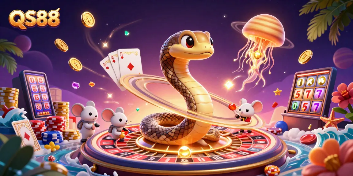 Experience QS88 like never before with the thrilling cosmic casino scene, featuring playful astronaut mice and a jellyfish dealer.