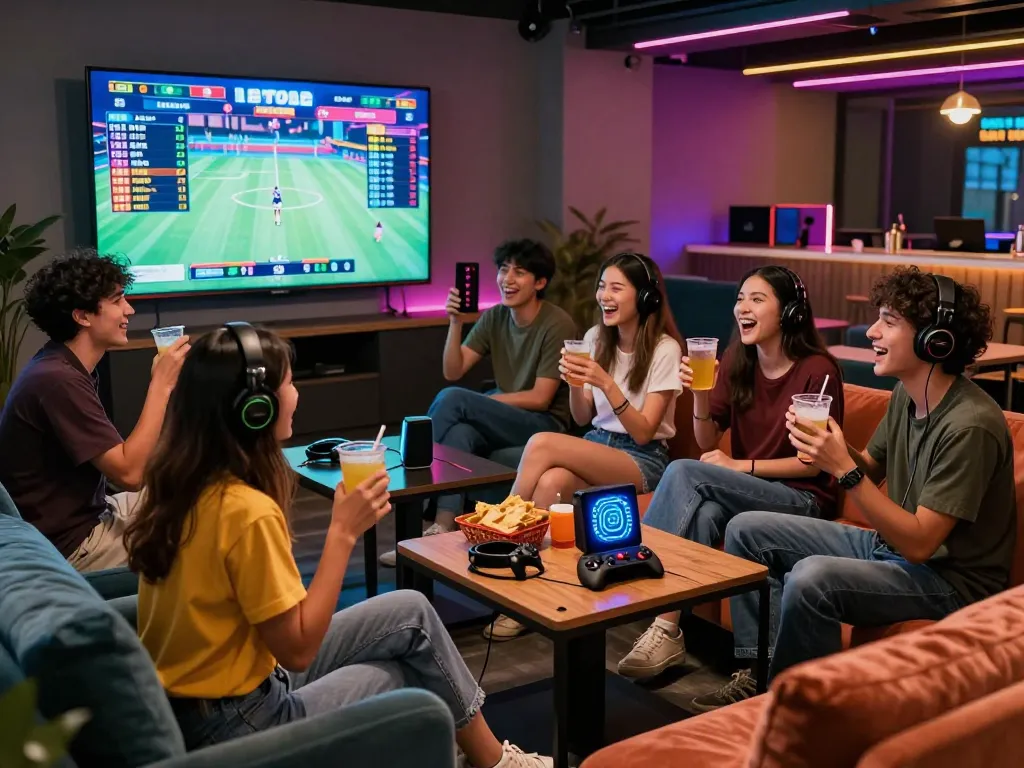 Friends celebrating while playing toto togel in a vibrant gaming lounge with high-tech gadgets.