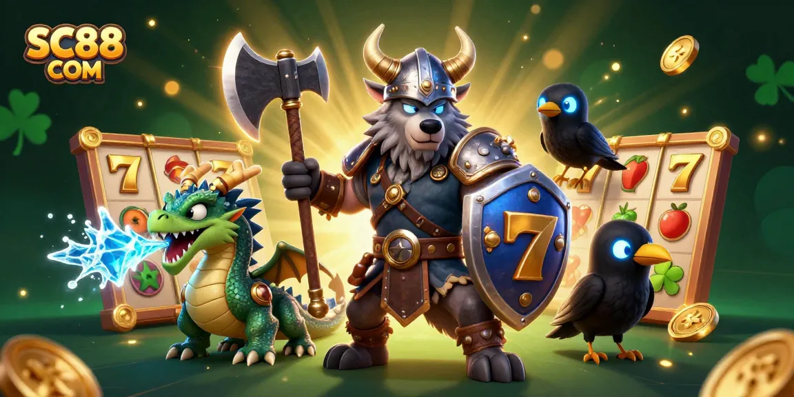 Engage with SC88 COM’s thrilling slots experience featuring a Viking warrior and dragon.