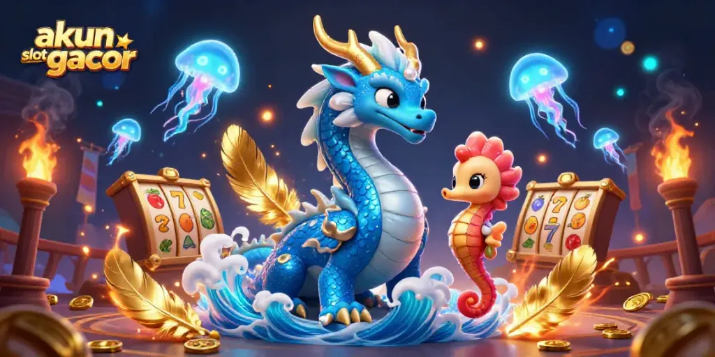 A dynamic scene showcasing akun slot gacor with a majestic dragon, seahorse knight, and vibrant slot elements, creating an exciting casino atmosphere.