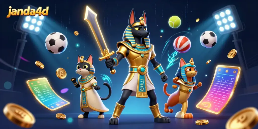 JANDA4D menghadirkan suasana perjudian yang dinamis dengan Anubis dan Bastet dalam ilustrasi 3D.