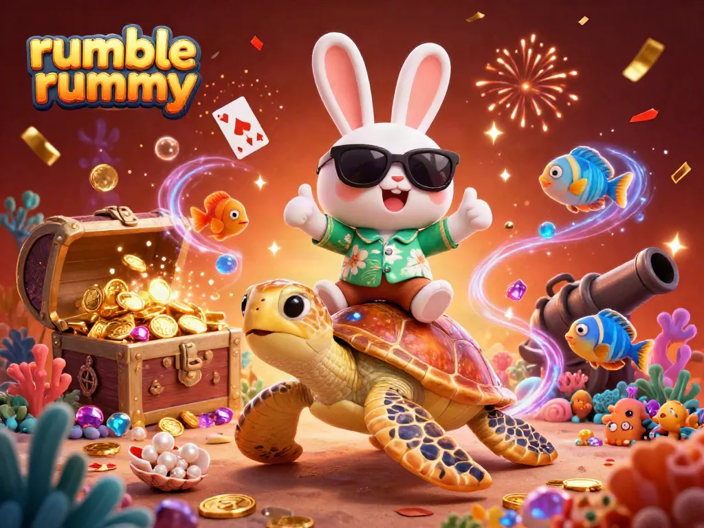 Experience Rumble Rummy with our lucky rabbit and golden turtle in a vibrant casino-themed underwater scene.