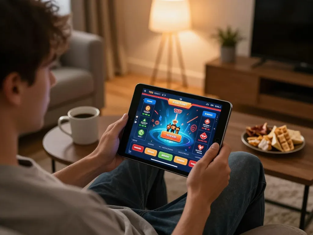 Engaging in online gaming at TR88, showcasing a relaxed atmosphere with tablet gameplay and cozy decor