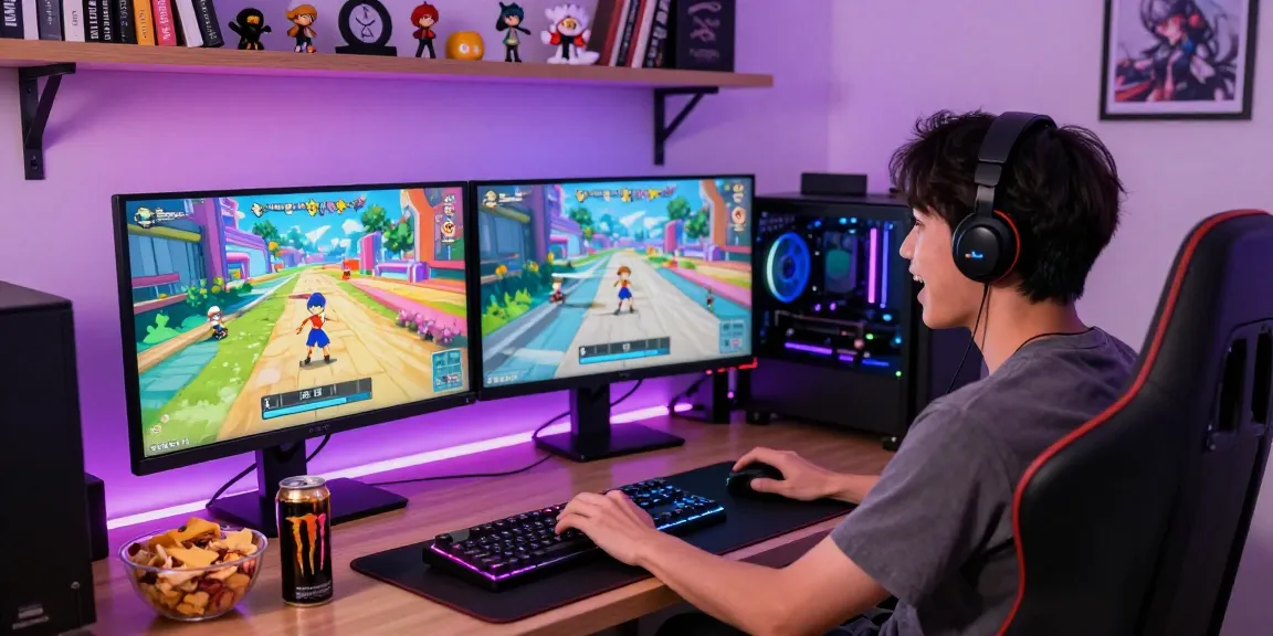 Player enjoying an ecchi game on high-performance gaming setup, vibrant anime visuals around