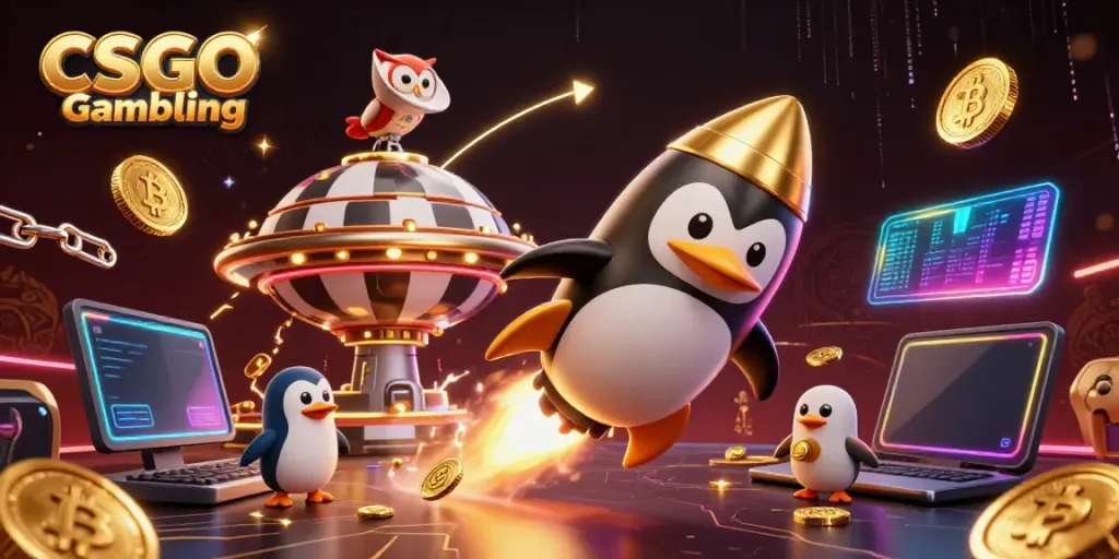 Experience CSGO Gambling with a vibrant golden penguin and crypto elements in space.