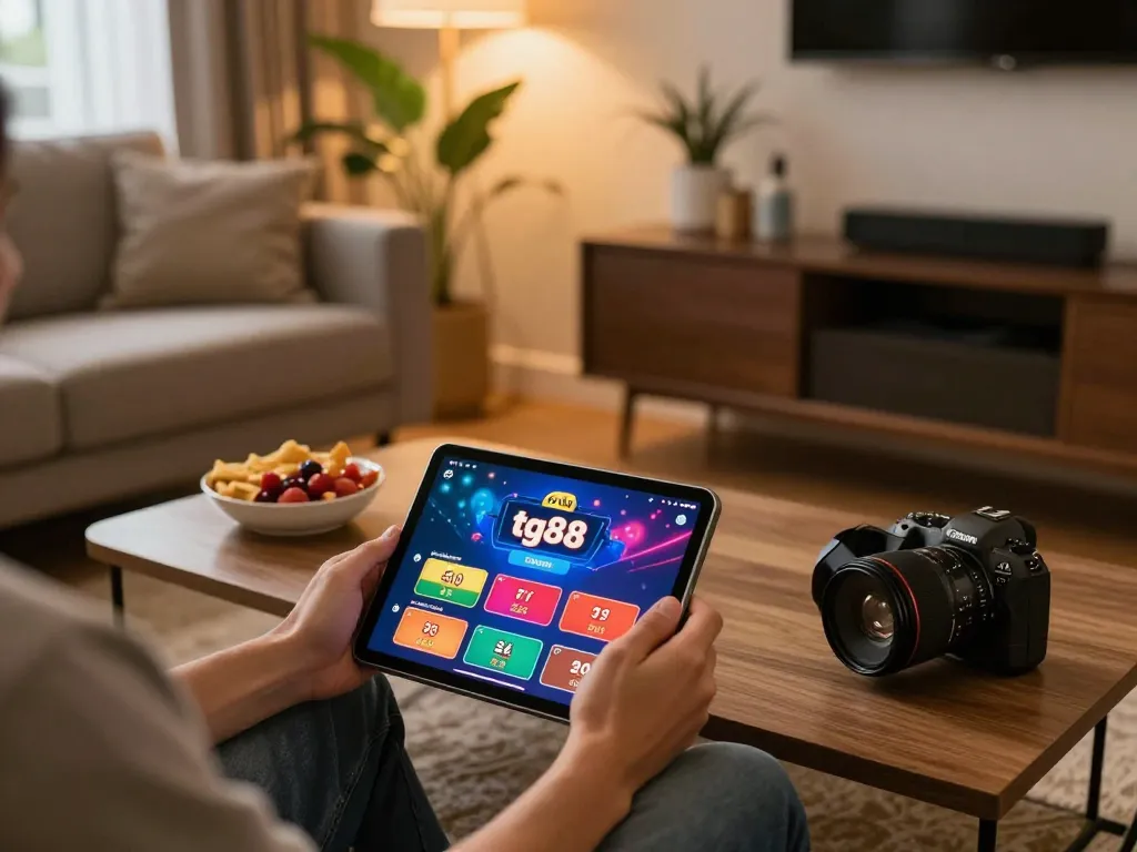 Player enjoying tg88 online gaming on a tablet in a stylish home setup