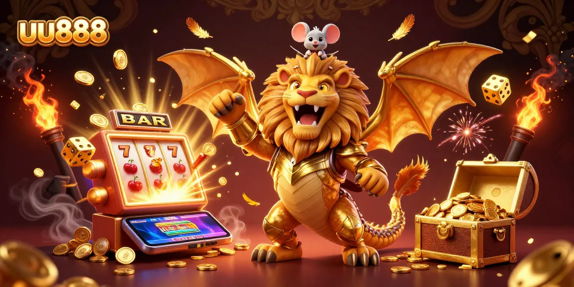 Spin the reels at uu888 with a golden chimera, jackpot coins, and colorful game elements!