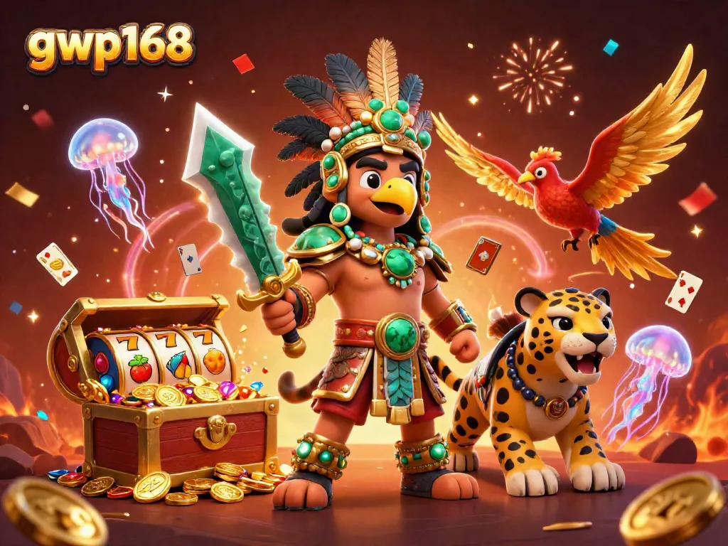 Visual permainan slot GWP168 dengan petualangan Pemburu Scatter Emas yang epik dan penuh warna.