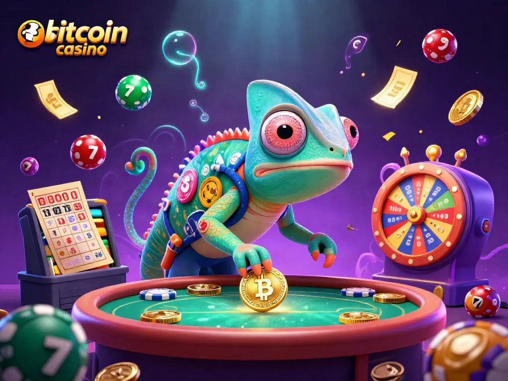 Experience the thrilling atmosphere of a bitcoin casino with a vibrant chameleon owner and dynamic game elements.