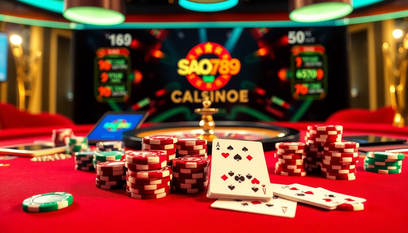 Sao789 players enjoying an exhilarating gaming experience with poker chips and a roulette wheel.