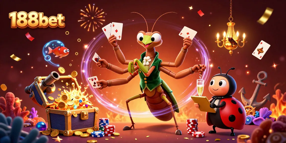 Experience thrilling gaming as 188bet characters deal cards amidst a vibrant casino celebration.
