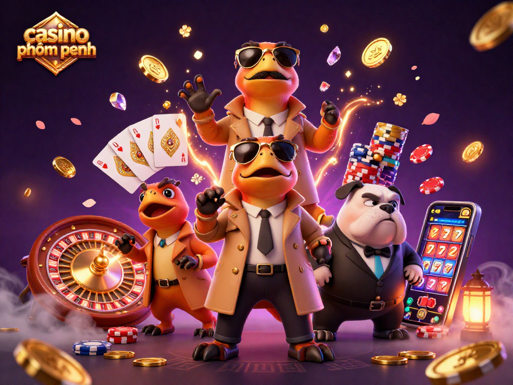 Experience the excitement of casino phnom penh with playful raptors entering a VIP lounge, surrounded by vibrant gaming elements.