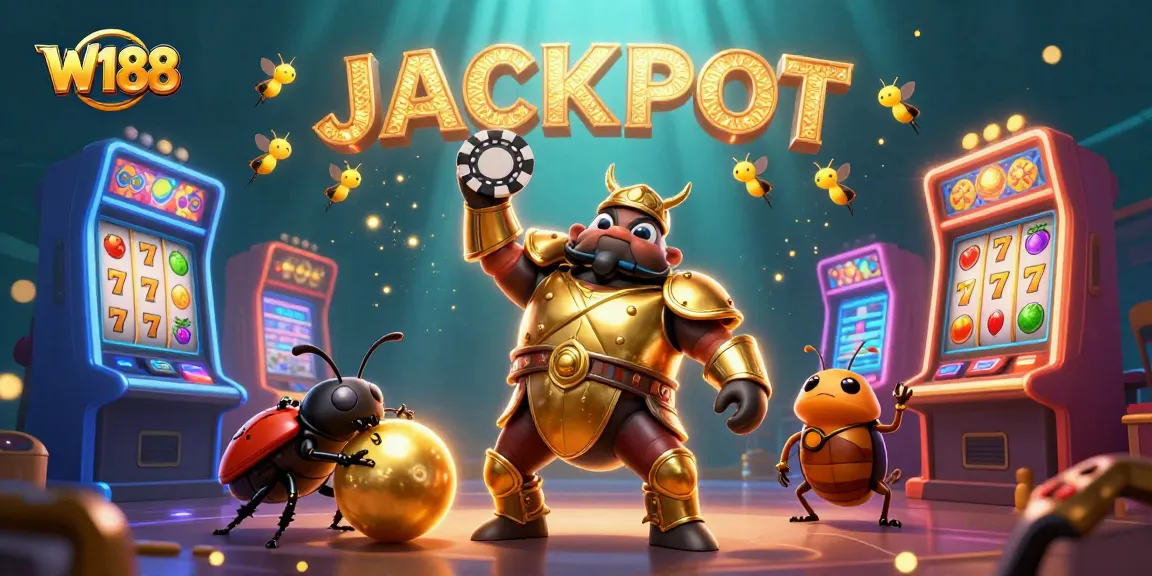 W188 players celebrating a jackpot with vibrant characters and colorful casino elements.