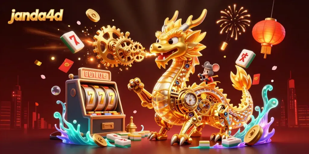 Permainan slot mengasyikkan di JANDA4D dengan mesin slot menang dan emas bersinar dalam suasana penuh warna.
