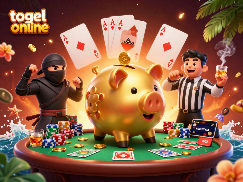 Togel online illustrated scene with a golden piggy bank sumo wrestler and colorful poker elements