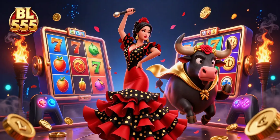 Engage with BL 555 through vibrant slot game visuals featuring a dancing woman and a spirited bull.