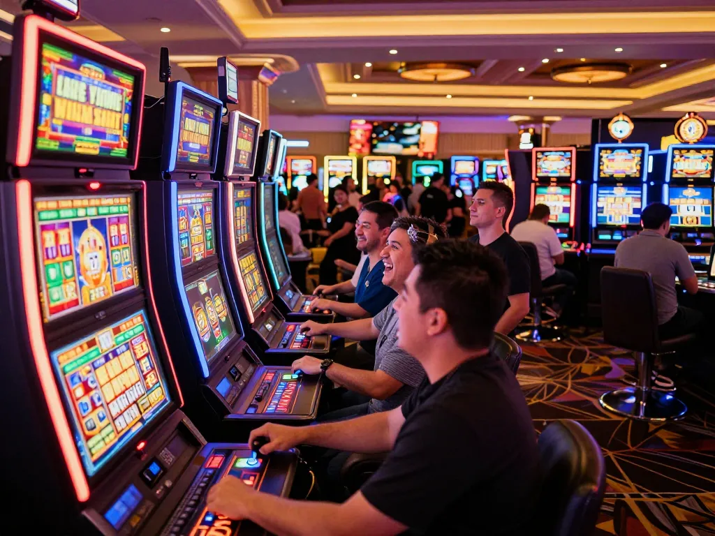Pemain merayakan kemenangan di mesin slot yang berwarna-warni di lantai kasino yang meriah