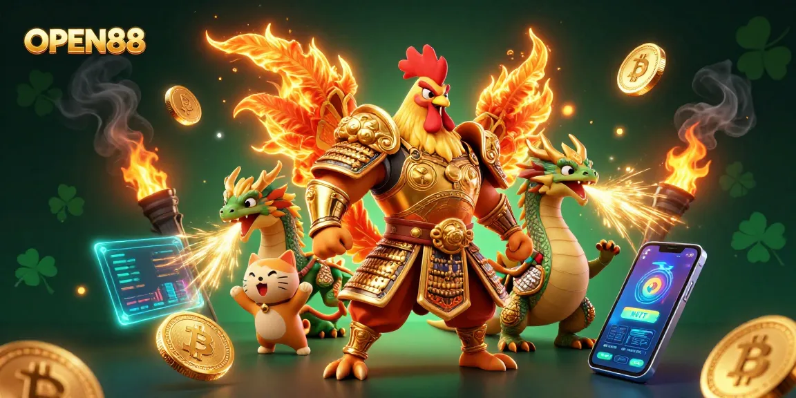 Engage in immersive gameplay with OPEN88, featuring thrilling characters and game elements in a lavish casino setting.