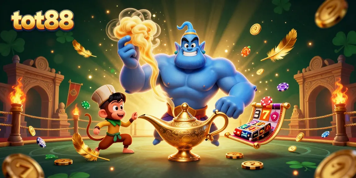 Experience thrilling gameplay with tot88 at a vibrant casino illustration featuring a genie and poker elements.