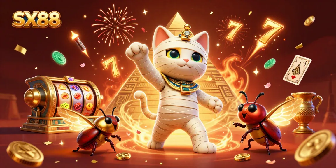 SX88 casino illustration featuring a cartoon mummy cat, glowing scarab, and slot reels in a vibrant pyramid