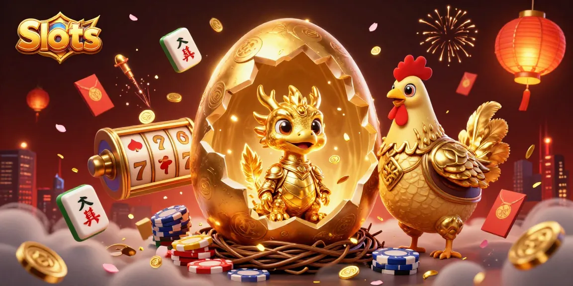 Spin slots with a golden baby dragon and a golden hen in a vibrant casino scene.