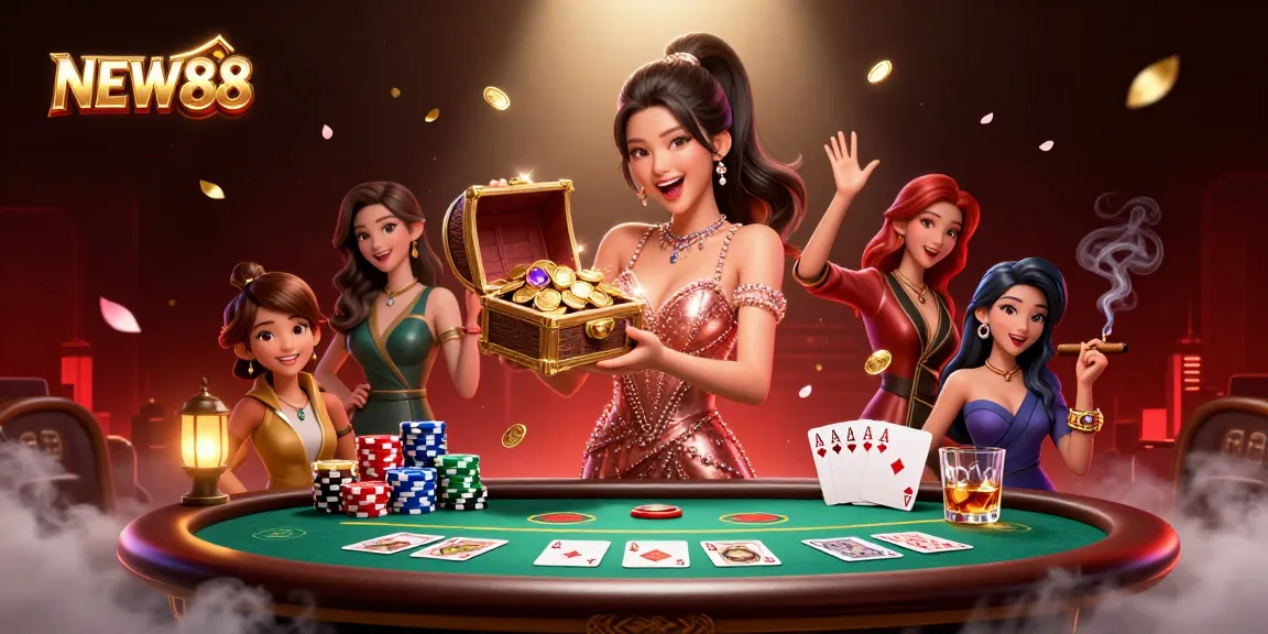 Experience excitement at NEW88 with a stunning treasure chest of winnings amidst a lively casino scene.