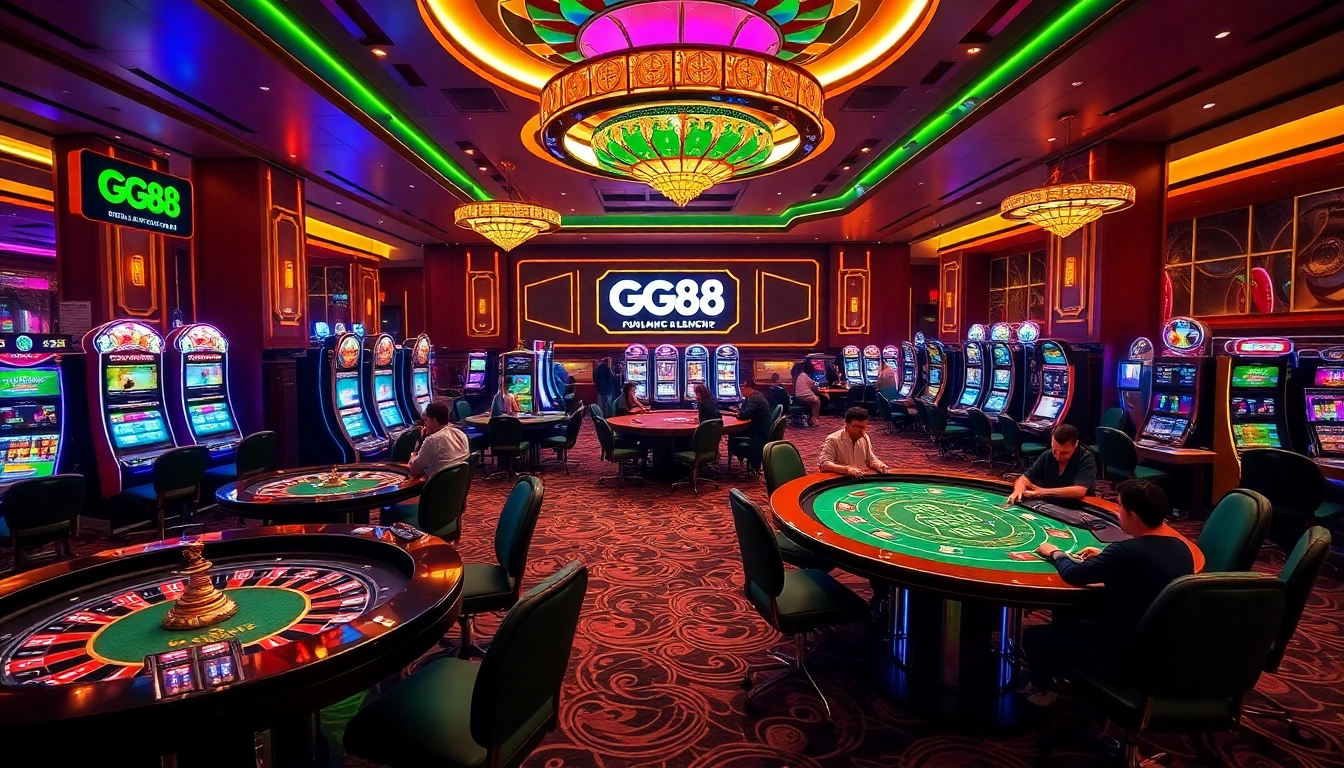 Players experiencing the excitement of GG88 casino games with roulette tables and slot machines.