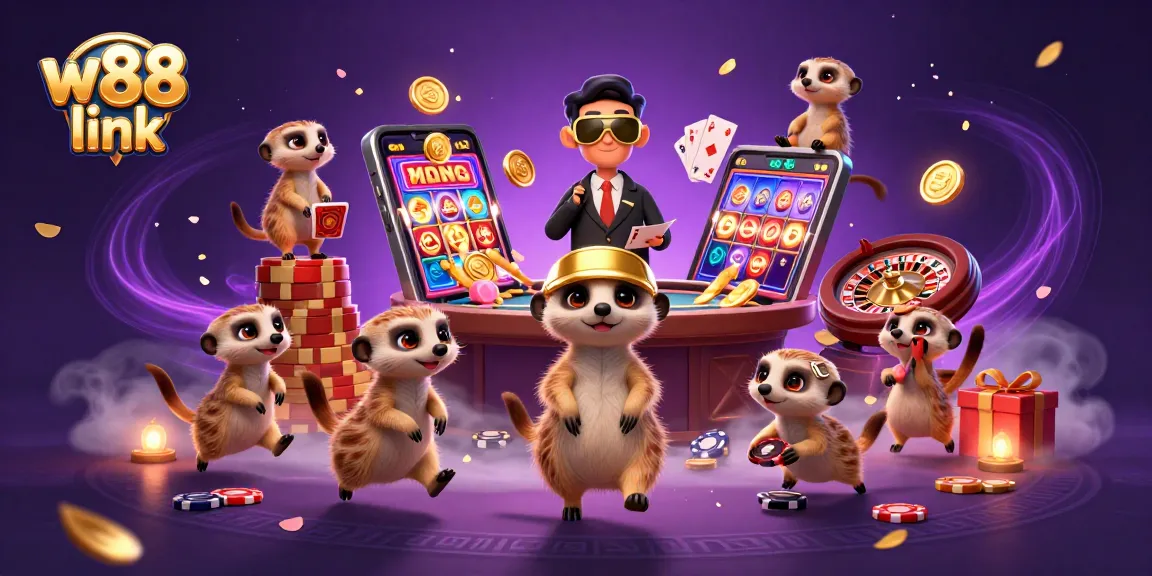 Engage with vibrant gaming elements at the w88 link casino illustration featuring playful meerkats.