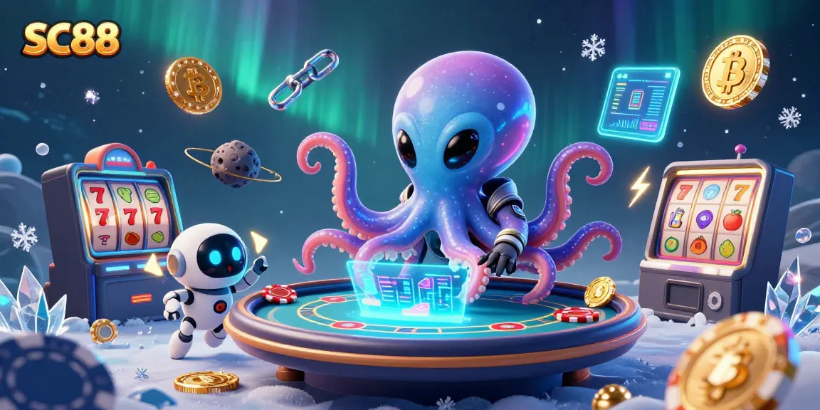 Join SC88's thrilling poker scene with an alien octopus and floating crypto coins.