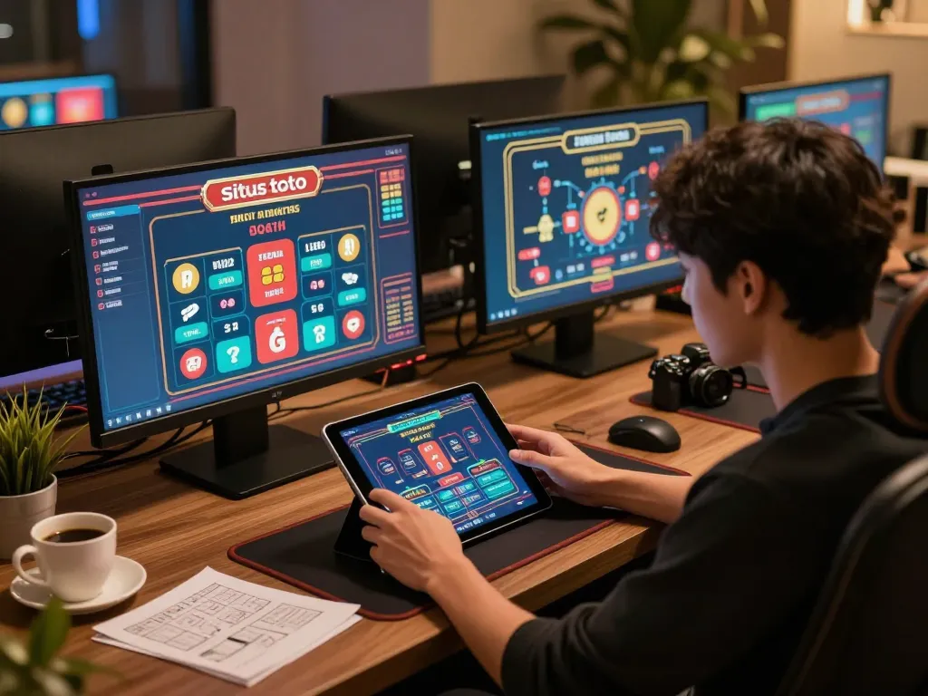 Antarmuka permainan situs toto ditampilkan di tablet, menampilkan opsi taruhan dinamis dalam pengaturan online yang stylish.