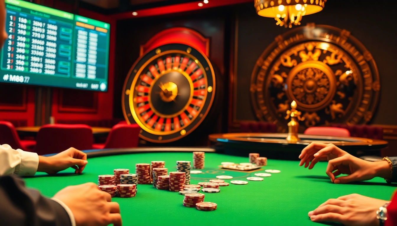 Exciting scene of M88 casino featuring poker table, roulette wheel, and vibrant betting chips.