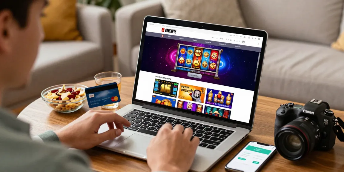 Player exploring online casinos that accept credit cards, colorful games on screen, inviting home setting.